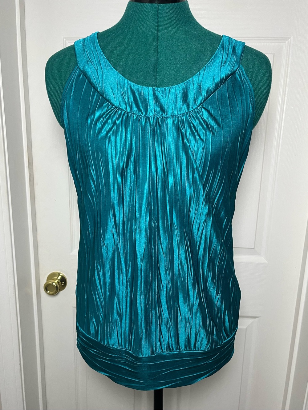 Y2K Teal Sleeveless Pleated crinkle Satin like Tank Top